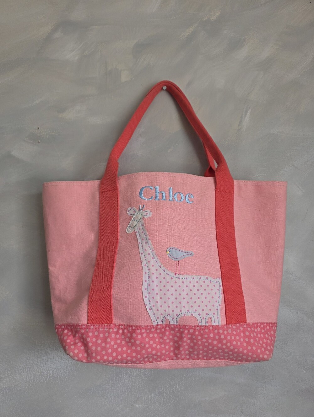 Vtg 2011 Pottery Barn Kids Pink Canvas Giraffe Tote Bag "Chloe" Applique 17x11x5